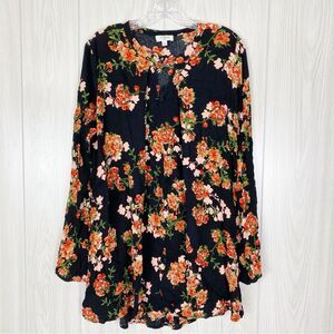 Umgee | Black & Red Floral Bell Sleeve Tunic Top Size Large